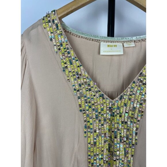 Maeve Anthropologie Cream Kristie Long Balloon Sleeve Sequin Peasant Blouse S - Picture 3 of 9